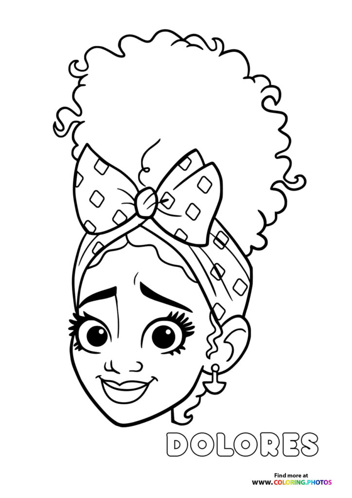 Dolores Madrigal with curly hair, patterned bow, and geometric earring coloring page from Encanto