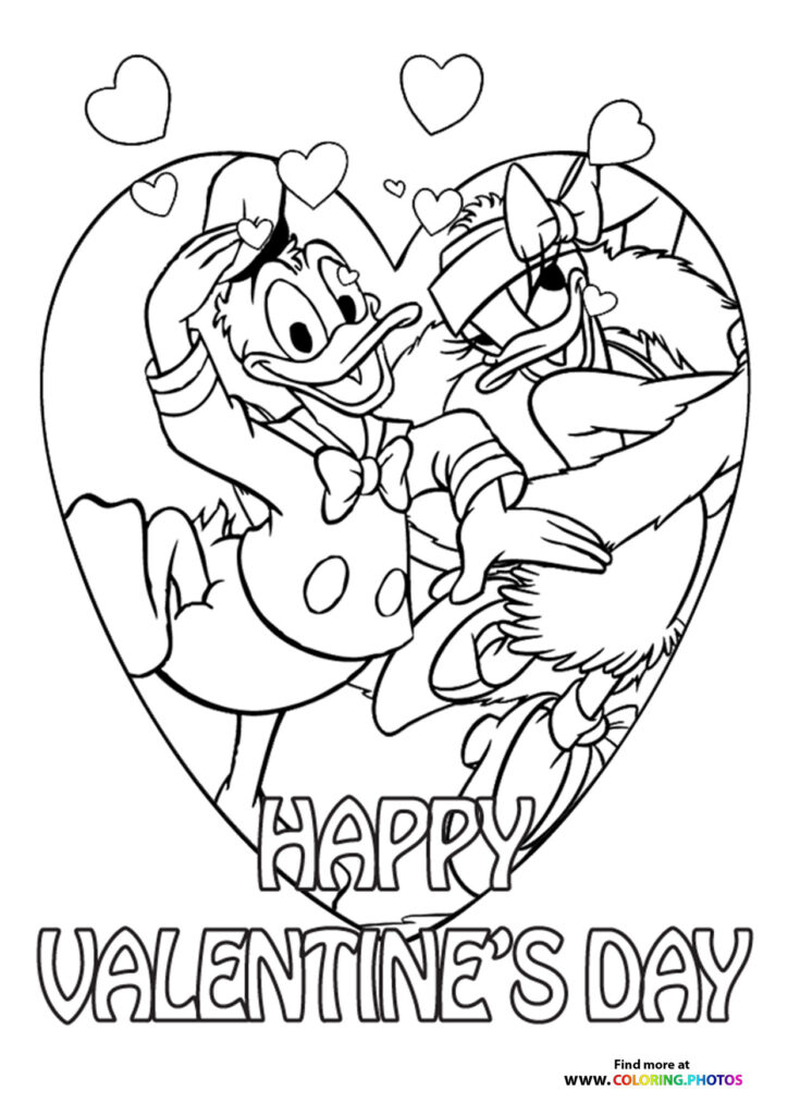 Donald and Daisy Duck hugging inside a large heart with floating hearts around them, Happy Valentine's Day coloring page