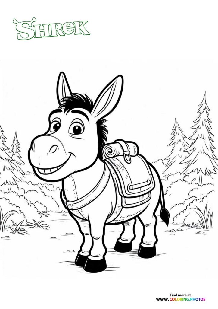 Donkey wearing a saddle with straps in a forest setting coloring page from Shrek