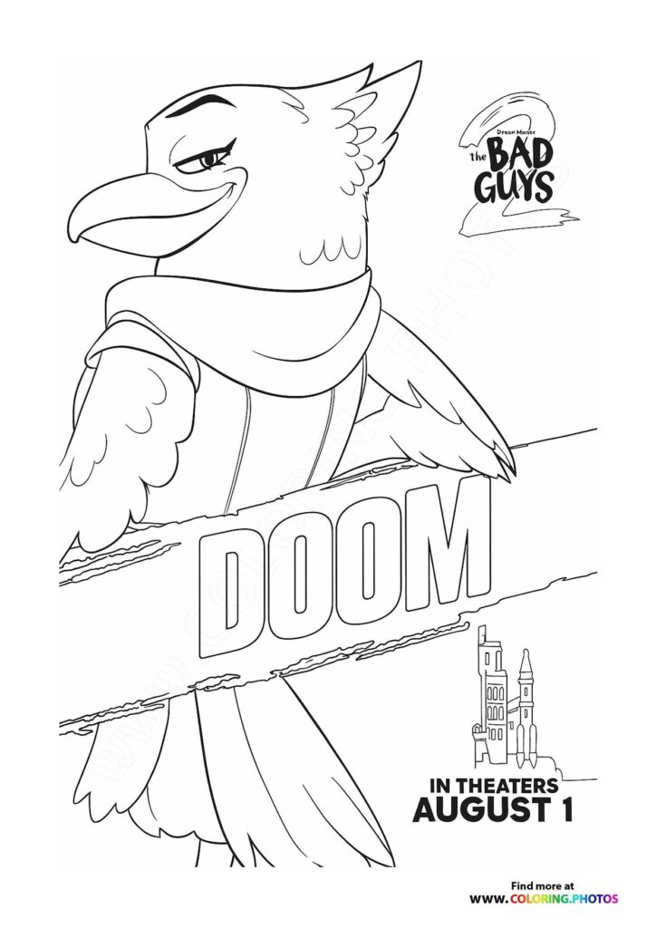 Doom the vulture from The Bad Guys 2 with spread wings and menacing expression coloring page