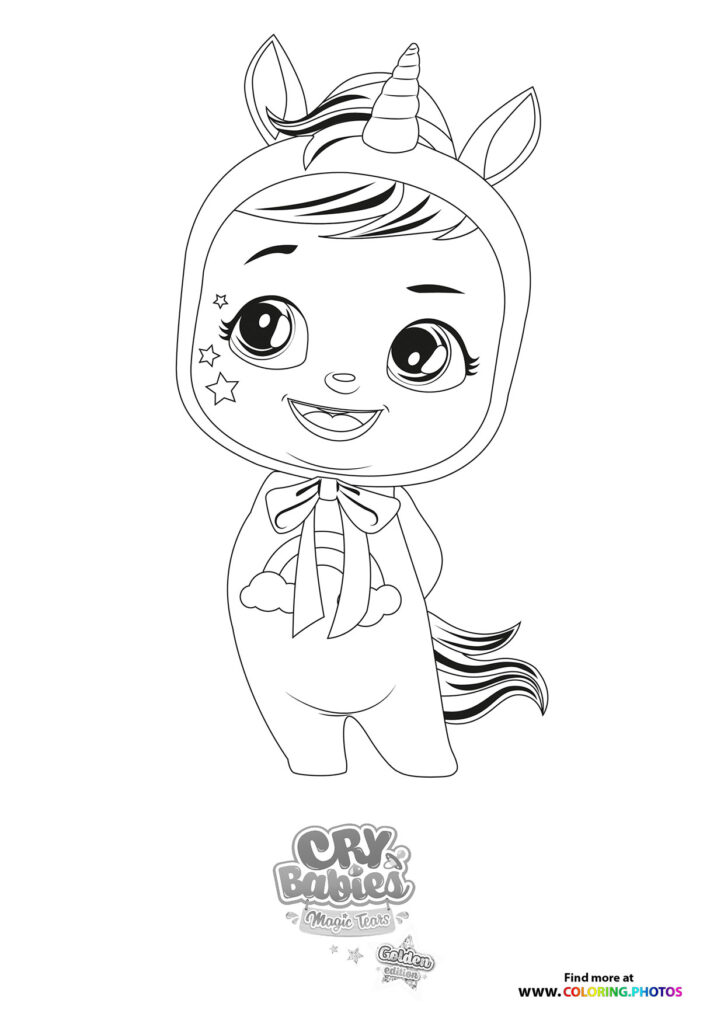 Cry Babies unicorn character with spiral horn, large eyes, and ribbon bow coloring page