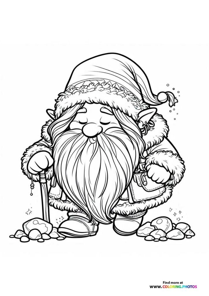 Santa gnome with long beard and staff wearing fur-trimmed coat coloring page from Snow White 2025