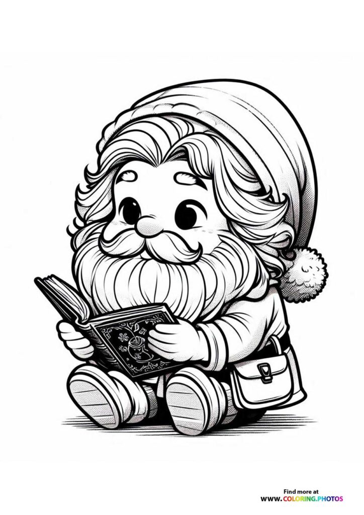 Cute Santa Claus sitting with book coloring page, featuring detailed beard and holiday outfit