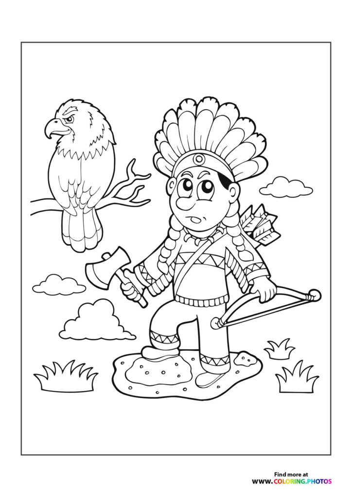 Native American hunter with feathered headdress holding tomahawk and bow next to eagle on branch coloring page