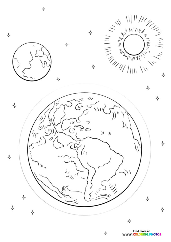 Earth with continents, Moon with craters, and Sun with rays in space with stars coloring page