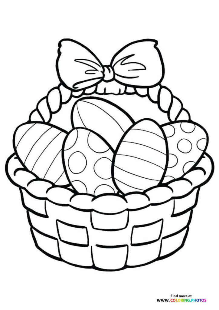 Easter basket filled with decorated eggs and topped with a bow, coloring page
