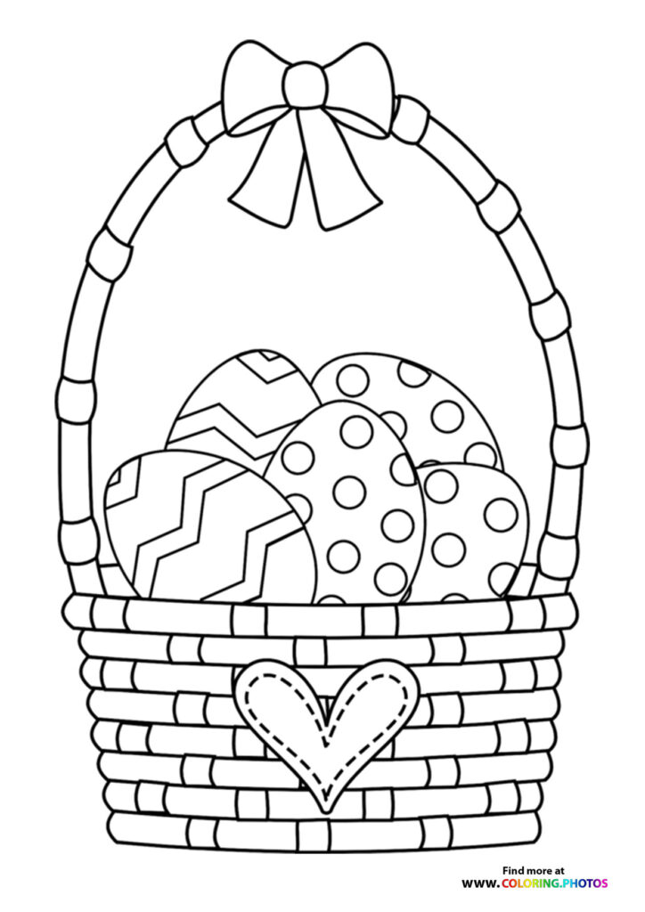 Easter basket with decorated eggs and bow coloring page