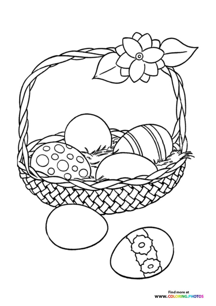 Easter basket filled with decorated eggs and topped with a flower and ribbon coloring page