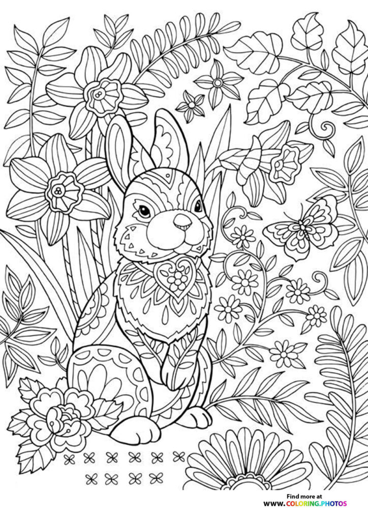 Easter bunny wearing a patterned vest surrounded by daffodils and spring flowers in a garden coloring page