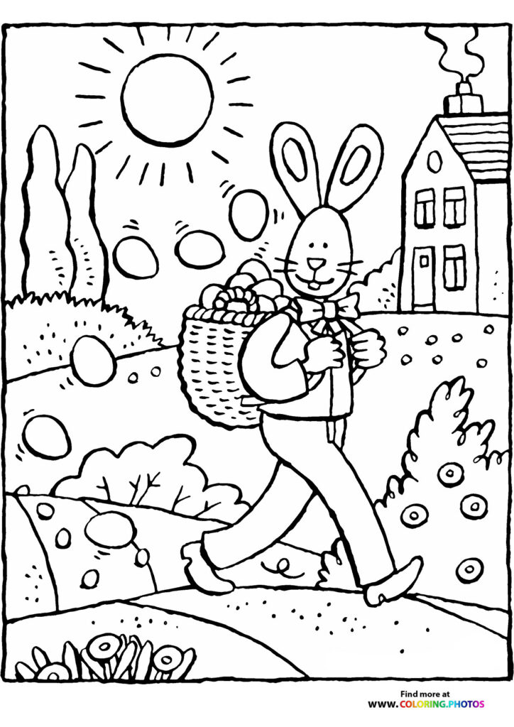 Easter bunny with a basket full of eggs surrounded by hidden eggs in a garden with flowers and a house coloring page