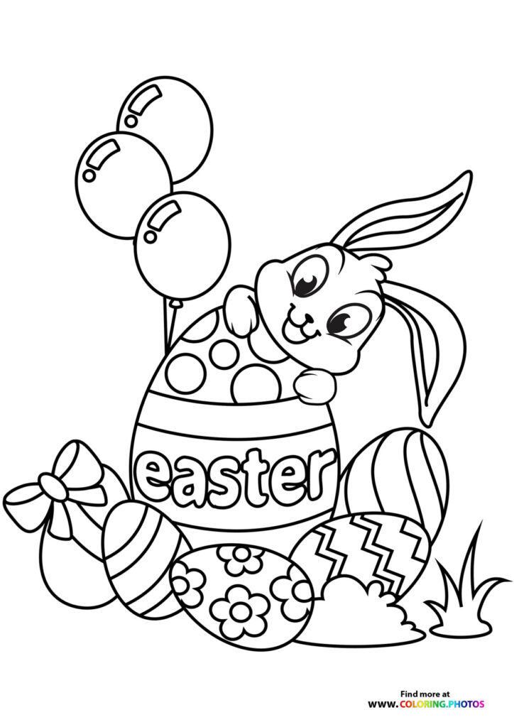 Easter bunny holding balloons next to basket filled with decorated eggs coloring page