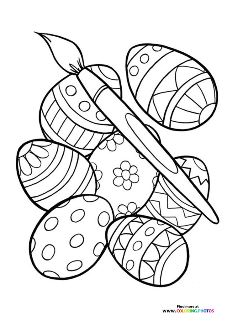 Five decorated Easter eggs with different patterns arranged in a bouquet with ribbon and spring leaves coloring page