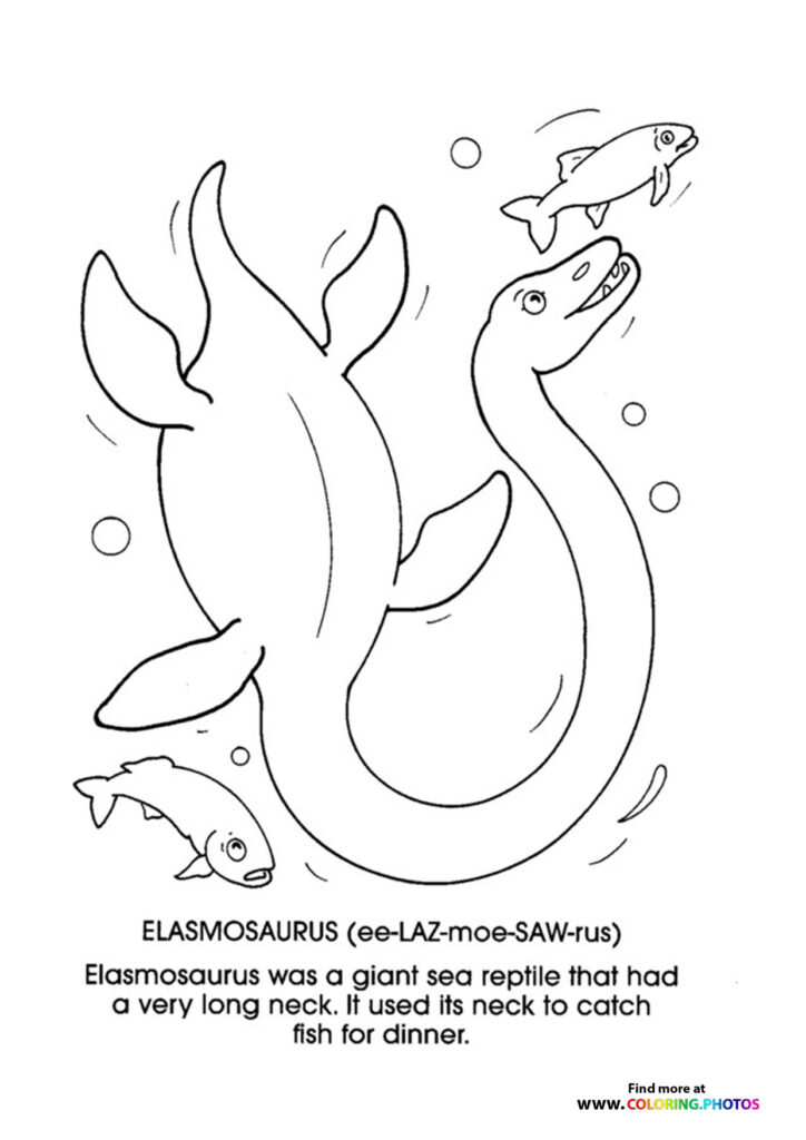 Elasmosaurus with long neck catching fish in ocean with bubbles coloring page