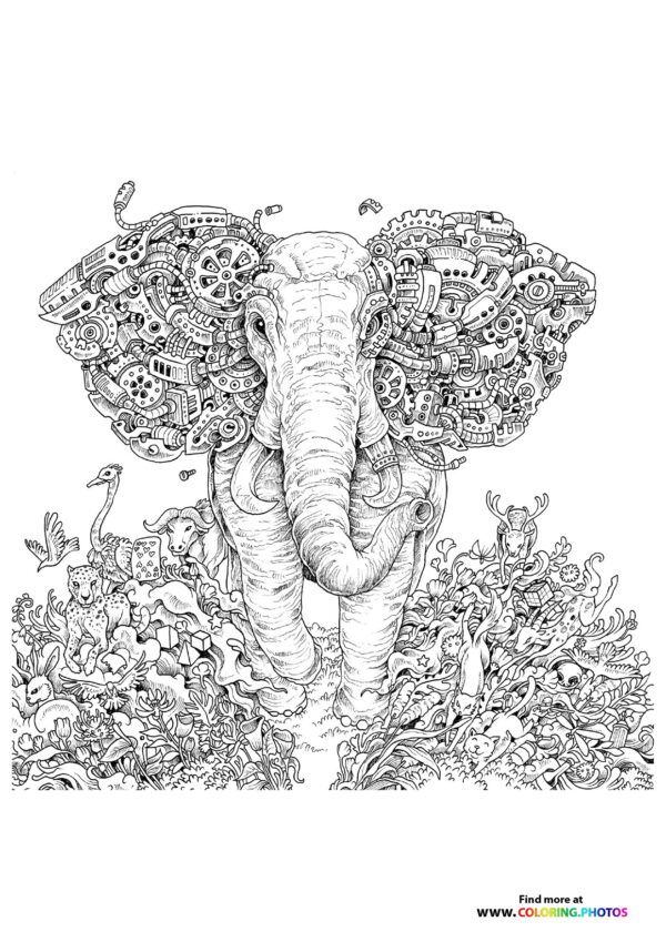 Elephant and animals coloring page for adults