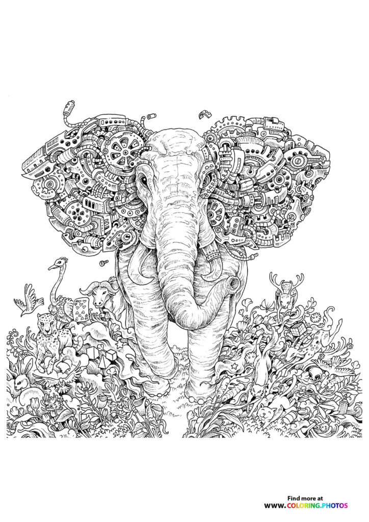 Steampunk elephant with mechanical ears and gears, surrounded by garden creatures and plants coloring page