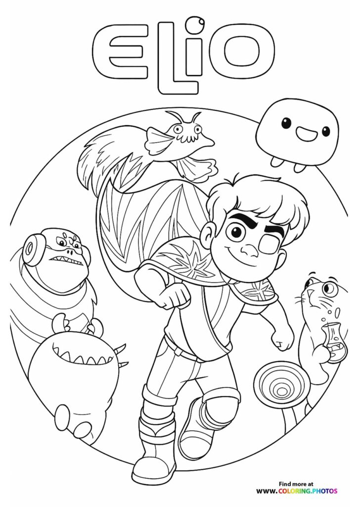 Elio with feathered alien, round-headed creature, and spiky friend on a planet coloring page