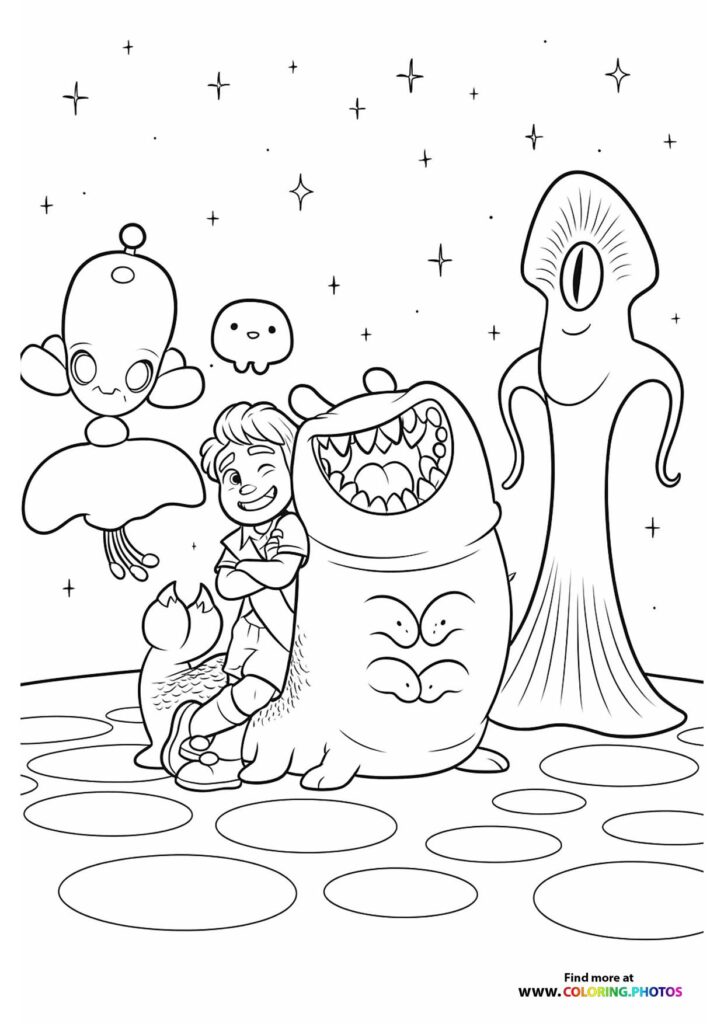 Elio standing with various alien characters including a large toothed creature and floating aliens on a planet coloring page from Elio