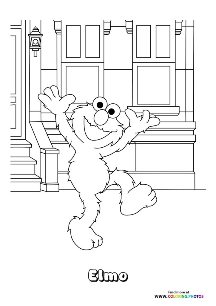 Elmo waving with big smile in front of Sesame Street brownstone building coloring page