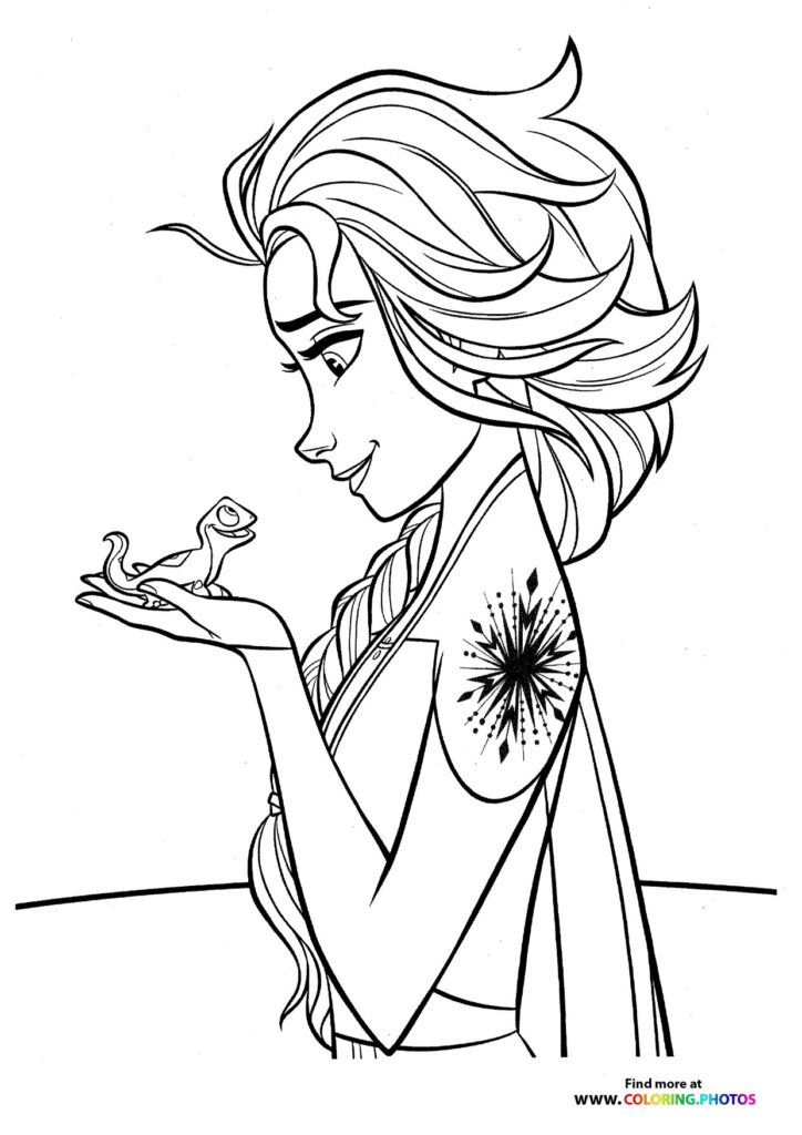 Elsa from Frozen holding a small salamander on her hand, wearing her ice dress with snowflake detail coloring page