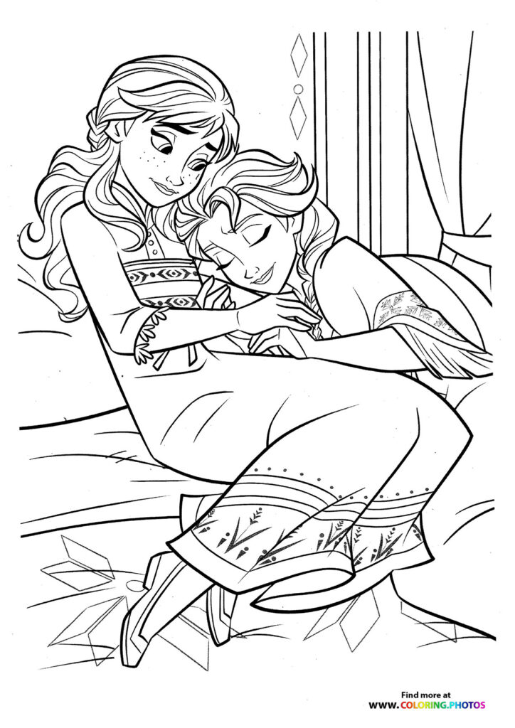 Elsa and Anna hugging on ice with snowflakes, Frozen 2 coloring page
