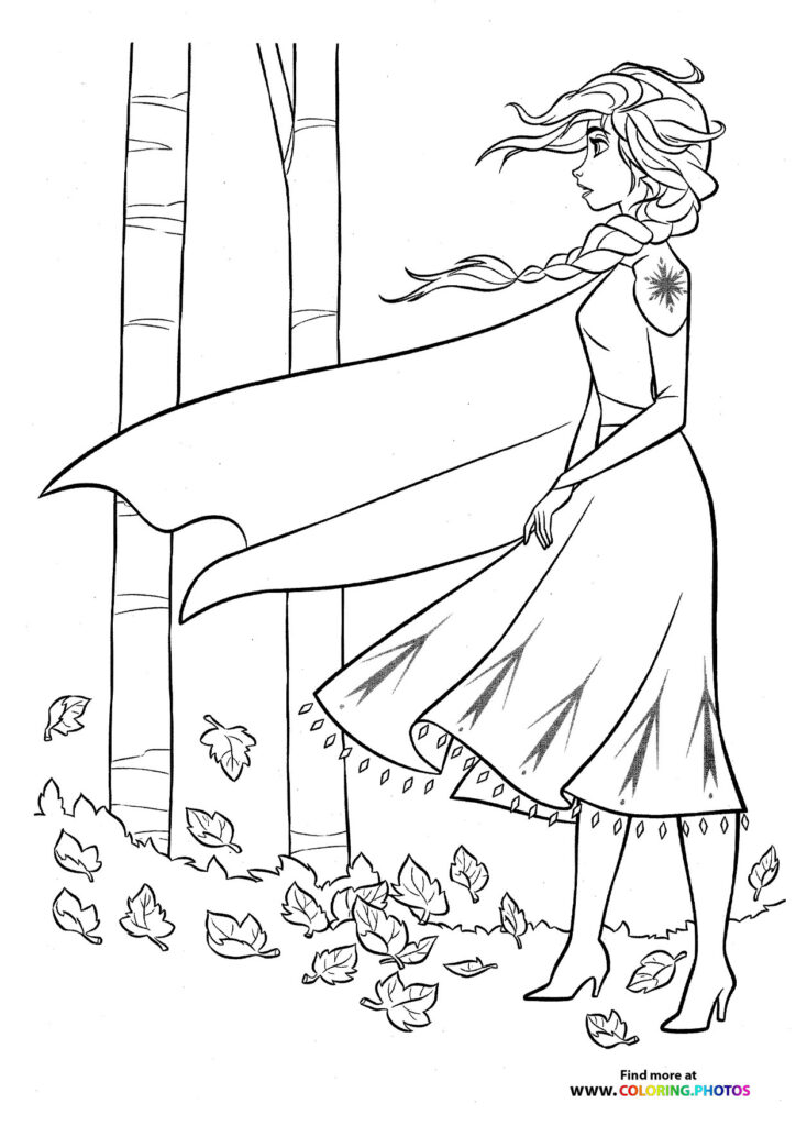 Elsa in flowing gown standing in birch forest with autumn leaves, coloring page from Frozen