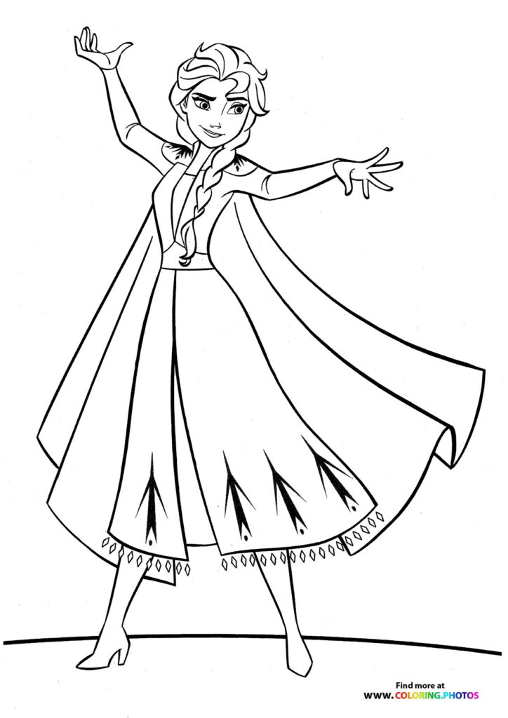 Elsa from Frozen in her magical ice dress with arms raised, showing her power coloring page