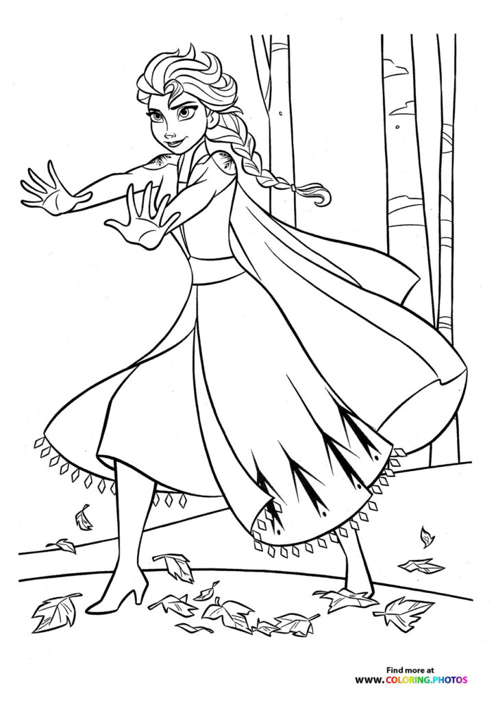 Elsa casting ice magic with outstretched hands in her ice dress, surrounded by birch trees and falling leaves coloring page from Frozen