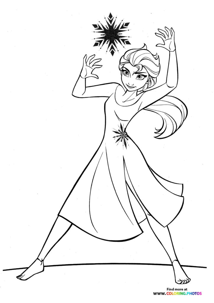 Elsa from Frozen casting ice magic with raised arms and snowflakes, coloring page