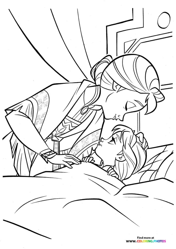 Elsa kneeling and helping Anna in the snow coloring page from Disney's Frozen
