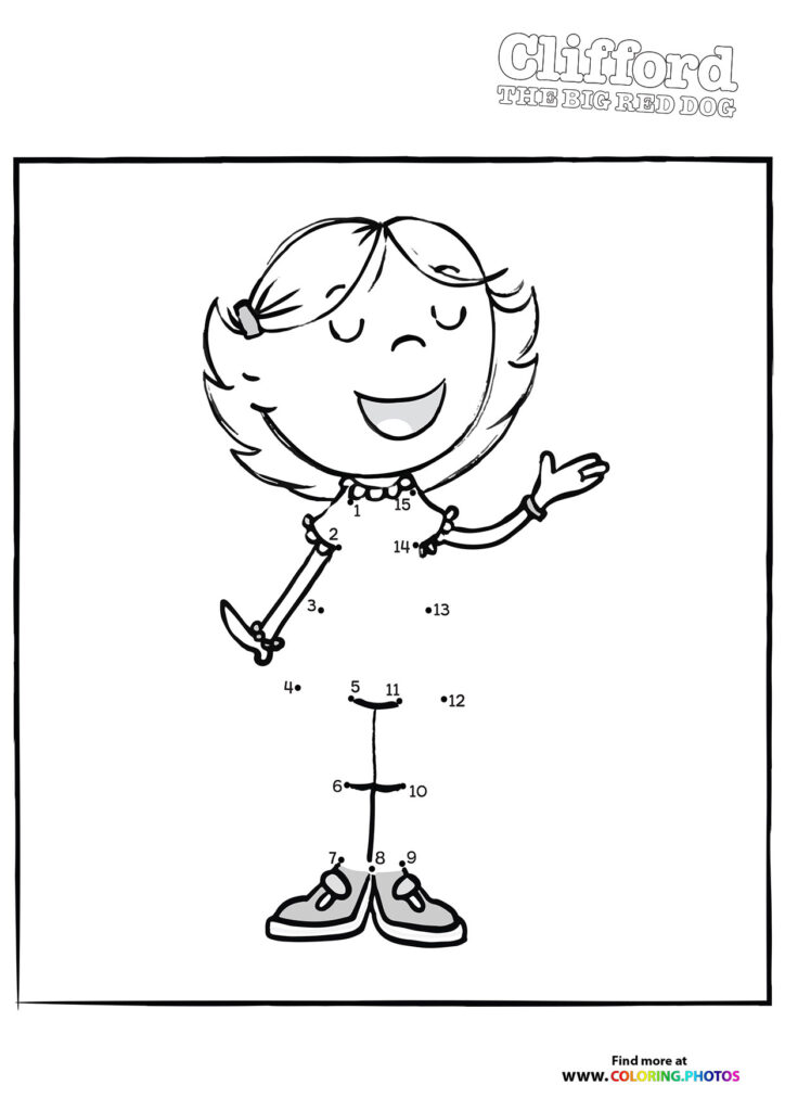 Emily Elizabeth with a big smile and waving hand coloring page from Clifford the Big Red Dog