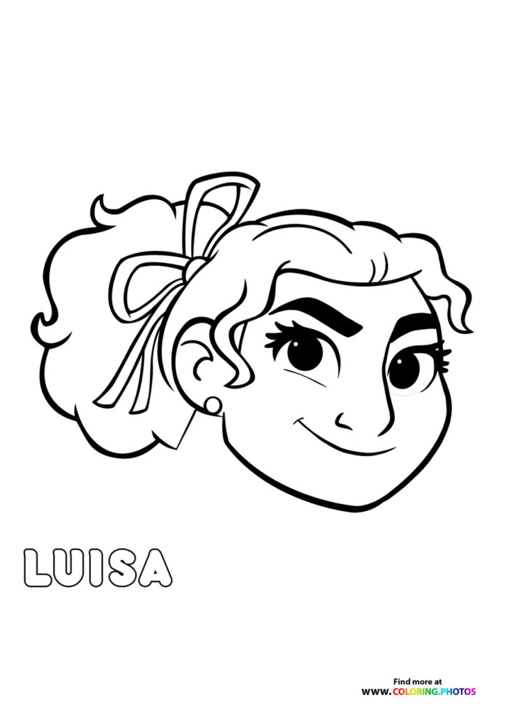 Luisa Madrigal from Encanto with curly hair in a ponytail and ribbon coloring page