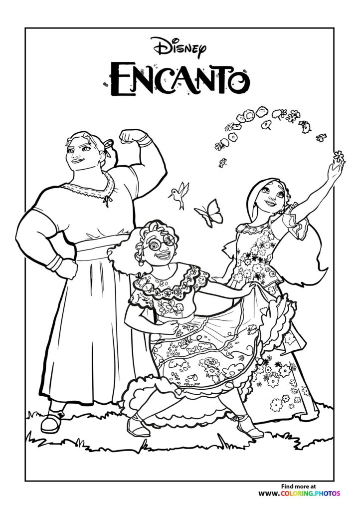Mirabel, Isabela, and Abuela from Encanto with magical flowers and sparkles coloring page