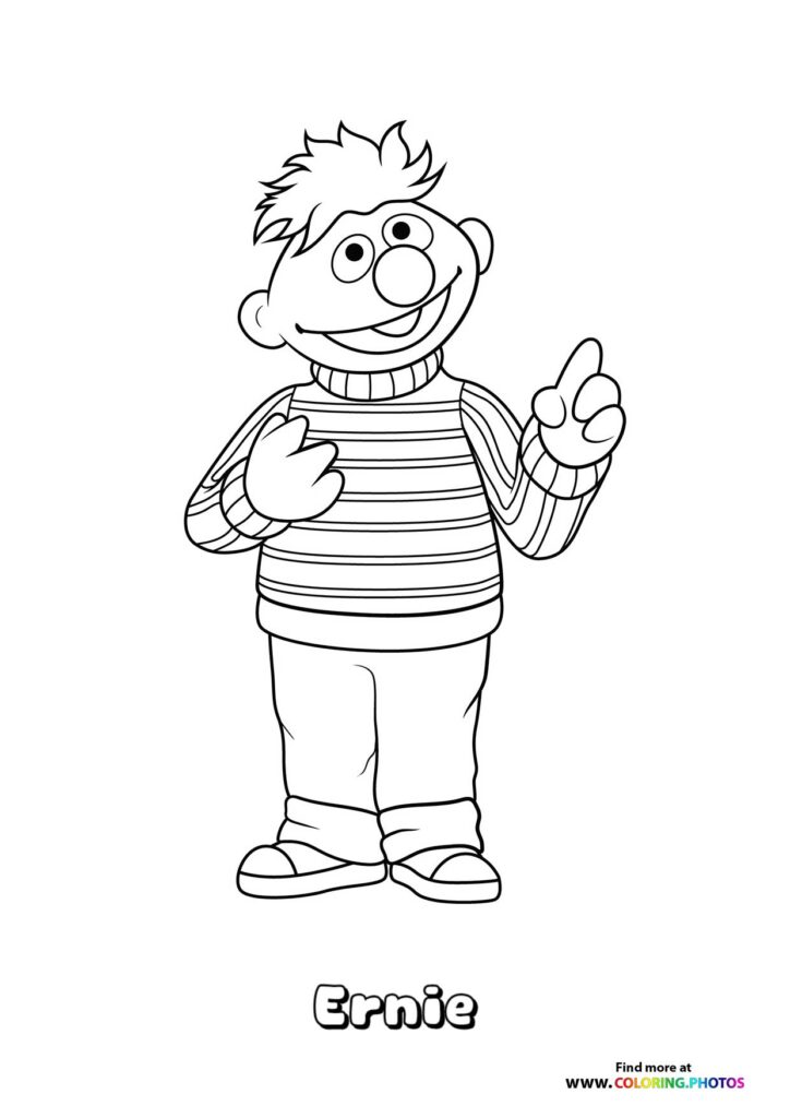 Ernie from Sesame Street smiling with spiky hair, striped shirt, and peace sign gesture coloring page