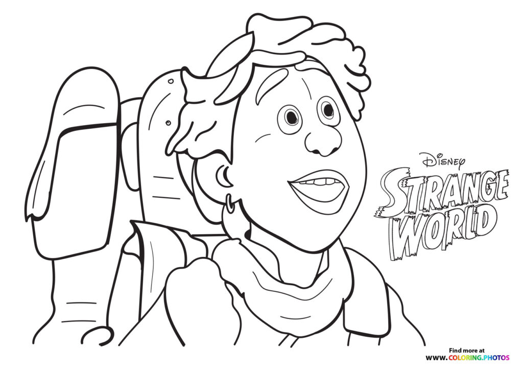 Searcher from Disney's Strange World wearing a backpack and grinning, coloring page