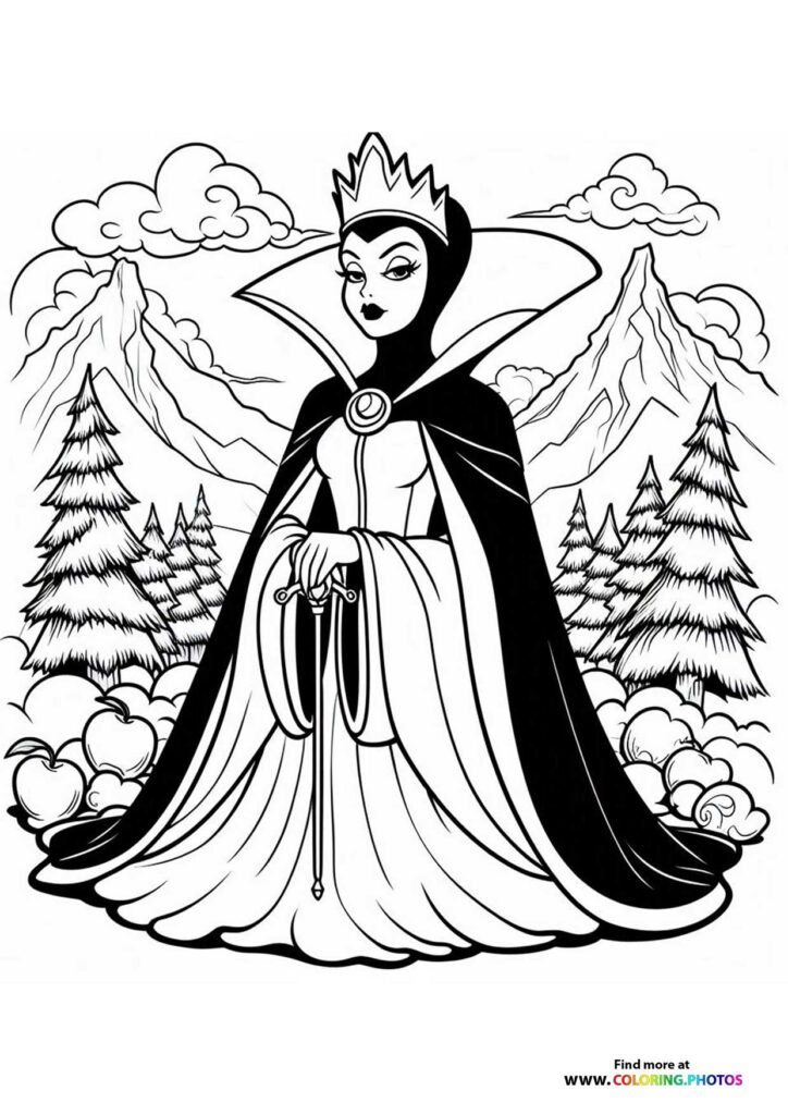 Evil Queen wearing crown and black cape with mountain landscape and pine trees coloring page from Snow White 2025