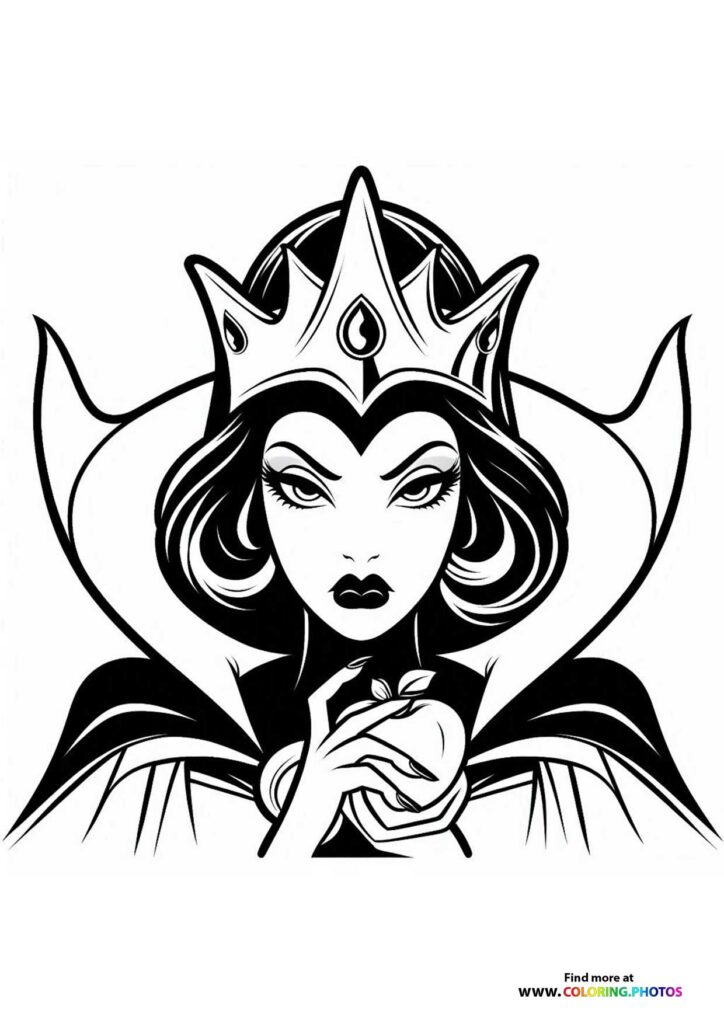 Evil Queen holding poisoned apple with crown and dramatic cape coloring page from Snow White 2025