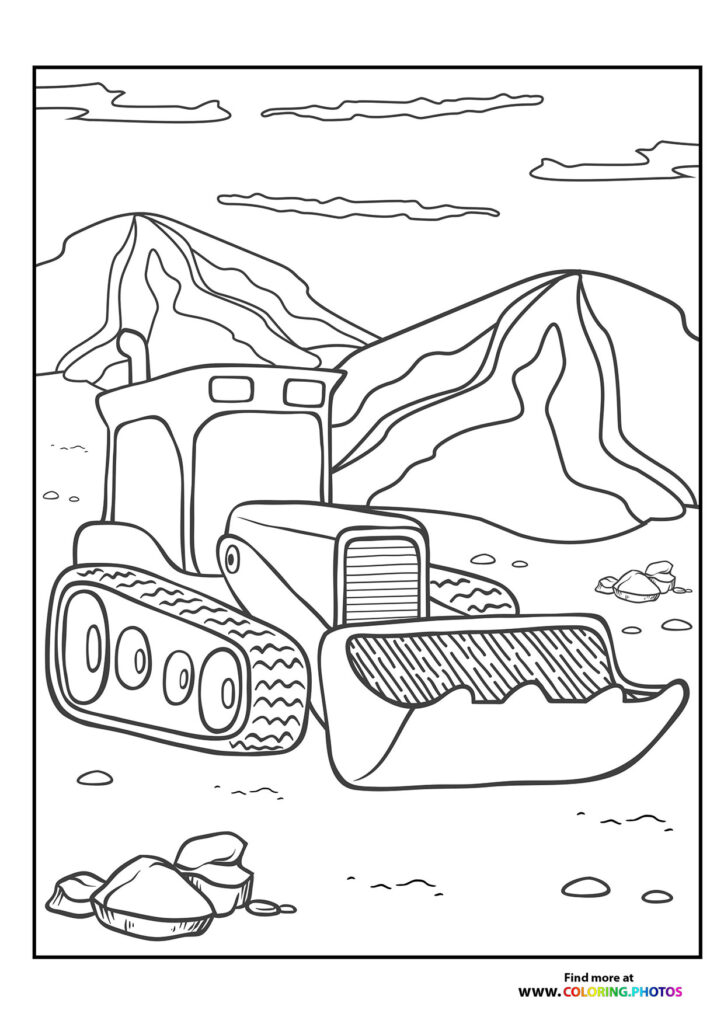 Bulldozer with tracked treads pushing soil at a mining site with mountains and boulders coloring page