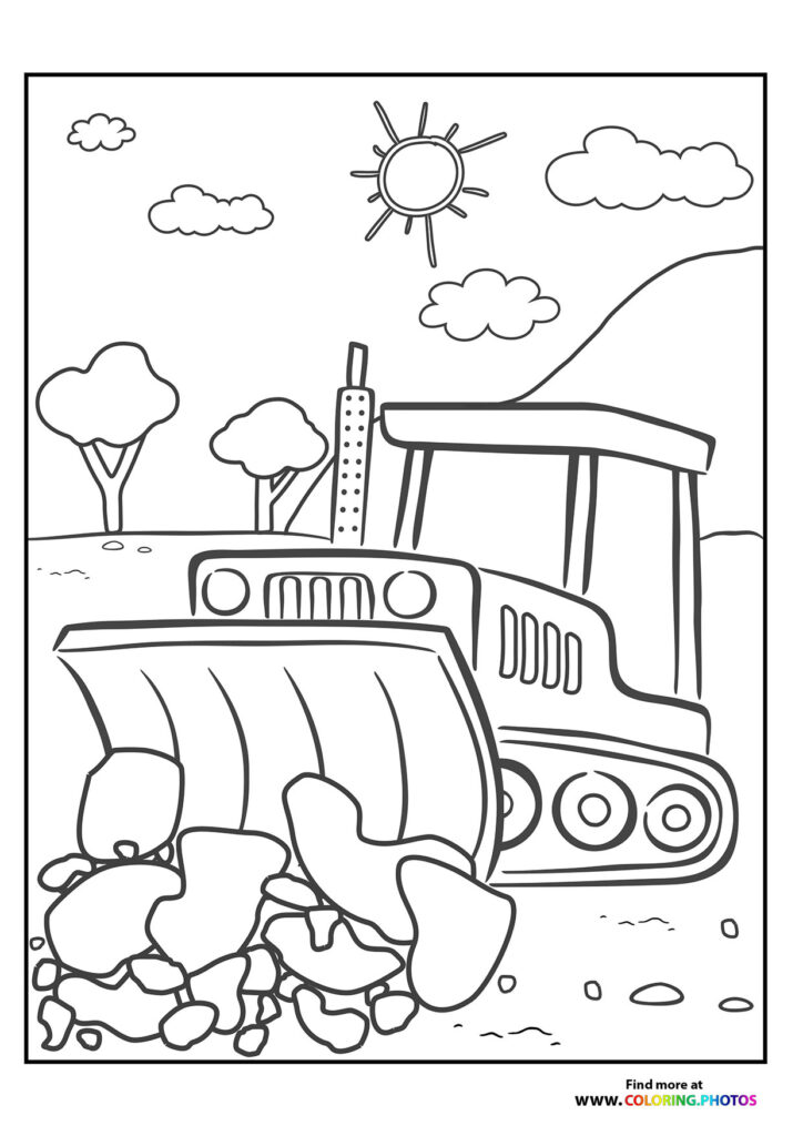 Bulldozer pushing rocks and boulders at a construction site with building and trees in background coloring page