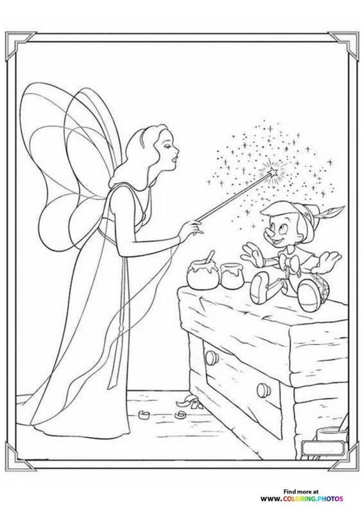 Blue Fairy with wings waving magic wand at Pinocchio sitting on a table, coloring page from Pinocchio 2022