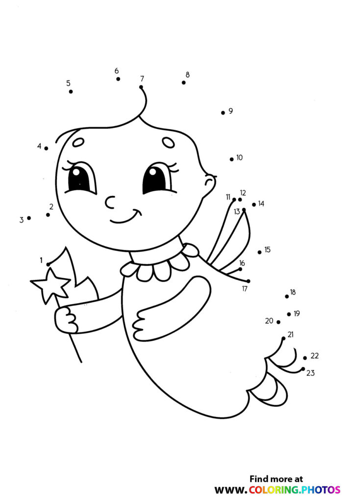 Happy baby cherub holding a star dot to dot coloring page with 23 numbered dots