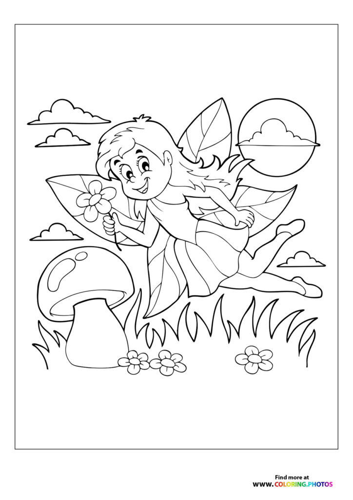Smiling fairy with wings holding a flower above a mushroom in an enchanted garden coloring page