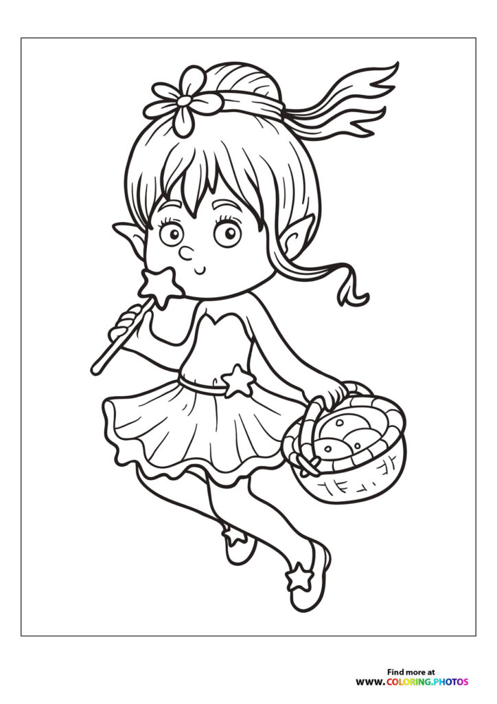 A young fairy holding a magic wand and basket of eggs, wearing a flower headband and star-decorated dress coloring page