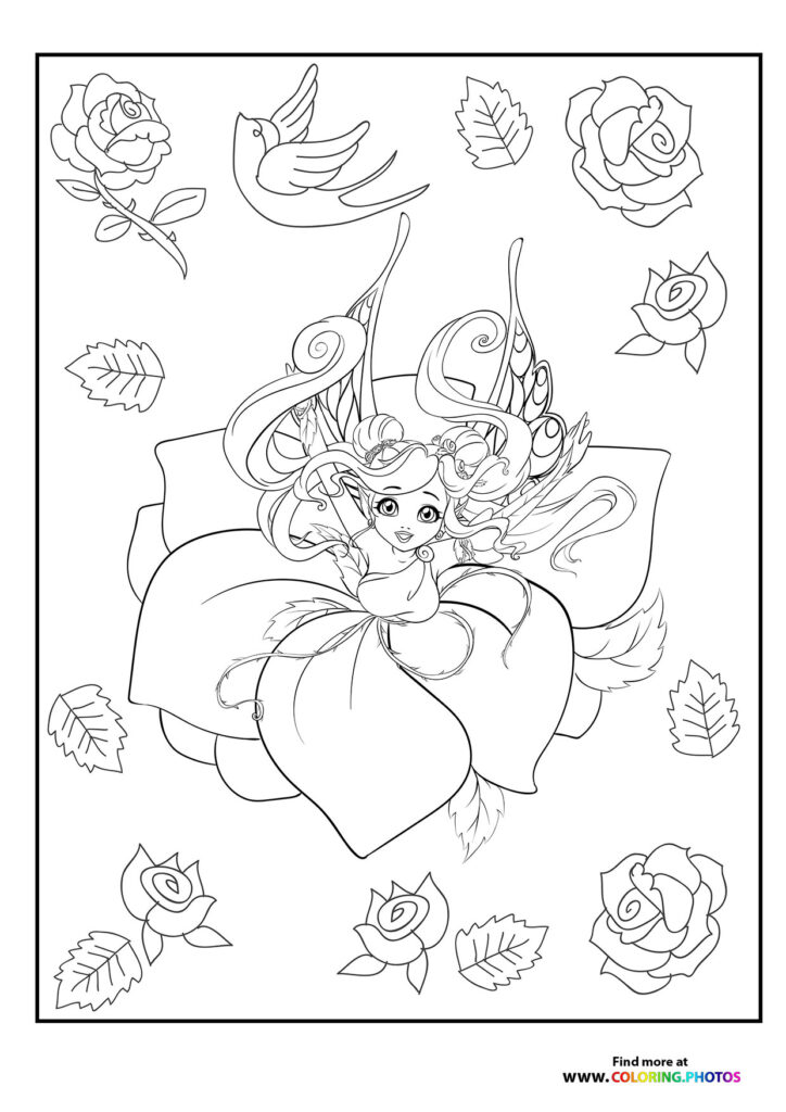 Fairy with curled hair sitting in a flower dress surrounded by roses and leaves coloring page