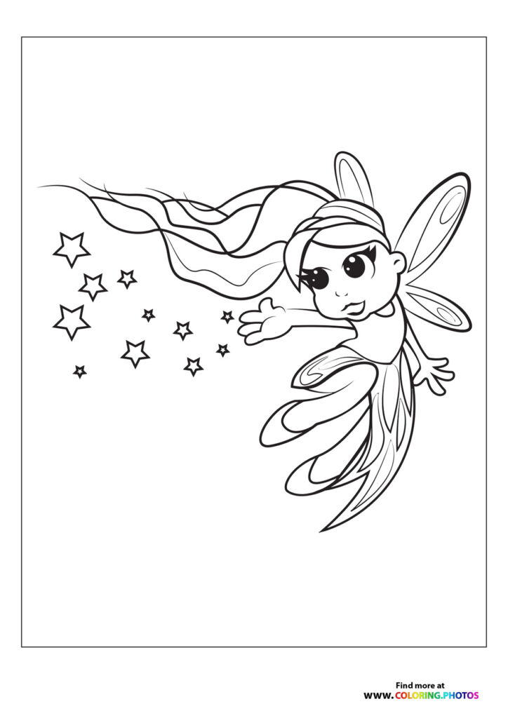 Fairy with flowing hair and wings sprinkling magic stars coloring page