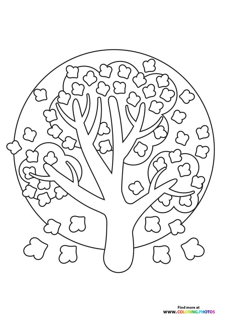 Autumn tree with heart-shaped leaves and falling foliage in circular frame coloring page