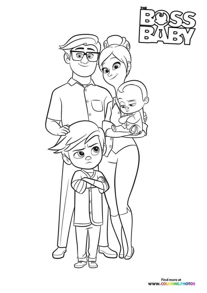 The Boss Baby family portrait with parents and two sons including baby in suit coloring page