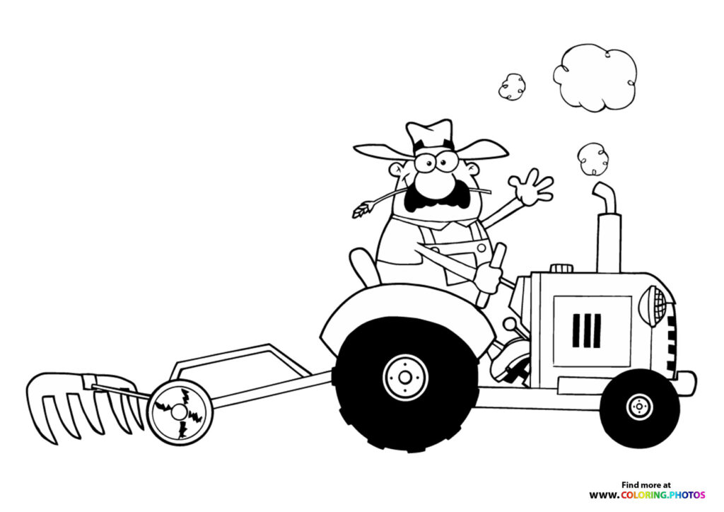 Cartoon farmer sitting on a tractor with plow attachment and waves happily coloring page