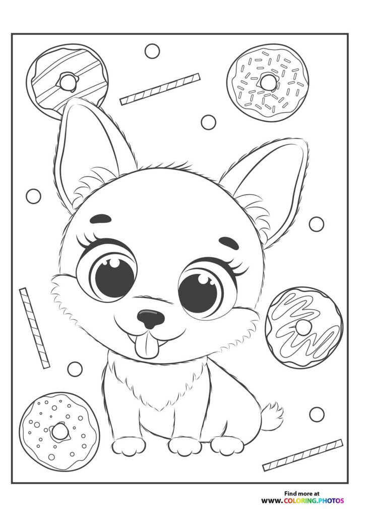 Cute chihuahua puppy with large eyes surrounded by donuts and candy coloring page