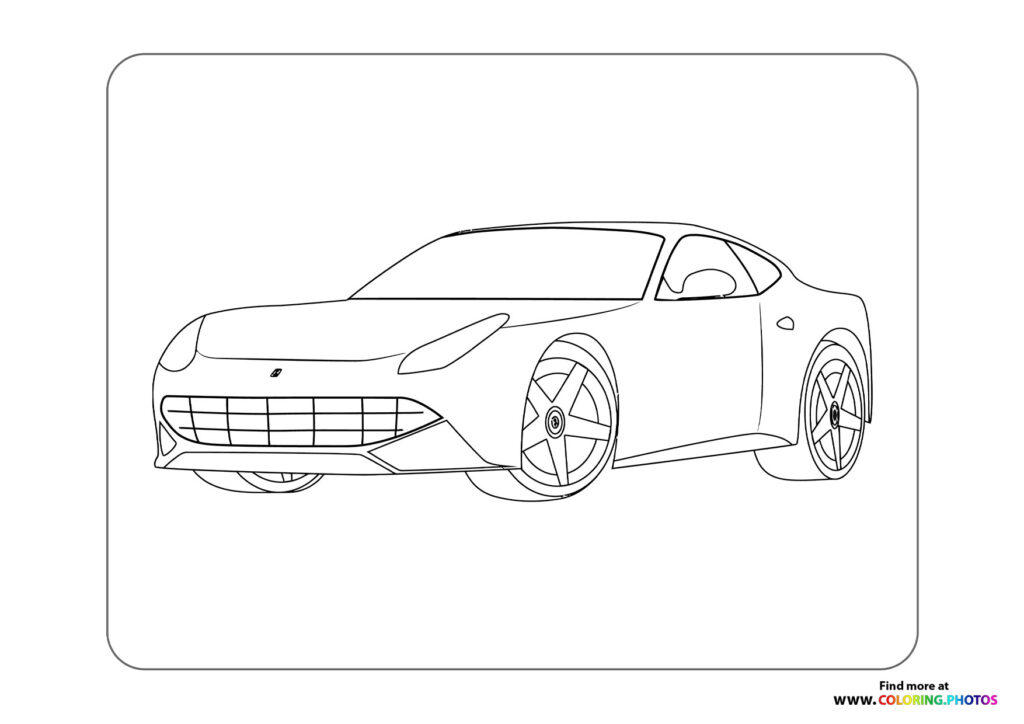 Sleek sports car with aggressive grille and multi-spoke wheels shown in side profile coloring page