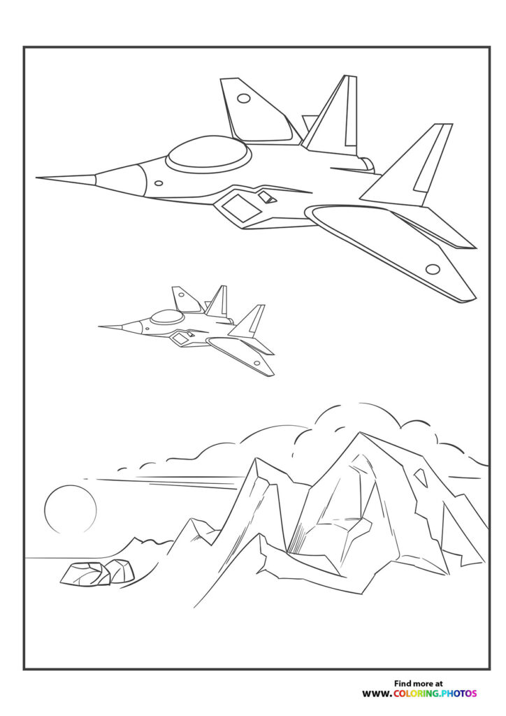 Three fighter jets flying over snow-capped mountains and clouds coloring page
